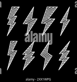 Hatched lightning bolt icons collection. Hand drawn flash symbol ...