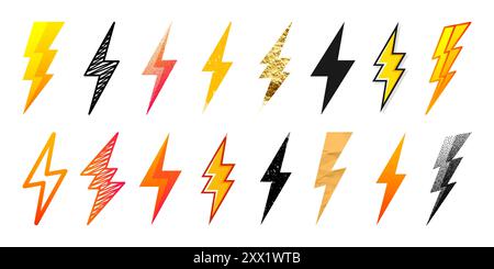 Hatched lightning bolt icons collection. Hand drawn flash symbol ...