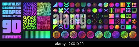 Brutalist geometric shapes, neon modern symbols. Groovy checkered pattern, distorted tiled grid. Simple elements, forms. Retro design, trendy Stock Vector