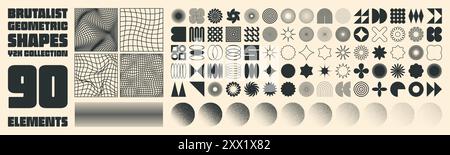 Brutalist geometric shapes, modern symbols. Groovy checkered pattern, distorted tiled grid. Simple elements, forms. Retro design, trendy contemporary Stock Vector