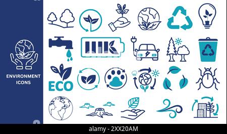 Environment Icons Set Best Collection. Plant, recycling, green energy, wind, trees, ecology, nature, eco, earth. Stock Vector