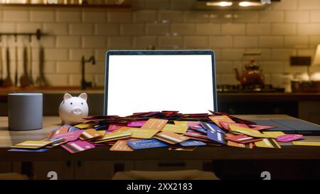 Laptop computer with mock up white screen chroma key display standing on the kitchen table. A lot of credit cards fall on the laptop keyboard Stock Photo