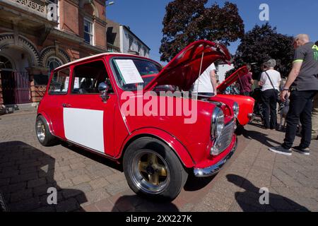 Old red Mini car on display Stock Photo