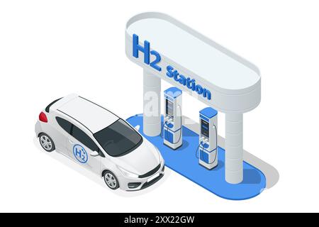 Isometric Hydrogen fuel car charging station with two dispensers for H2 vehicles. Hydrogen powered transportation. Green energy Stock Vector