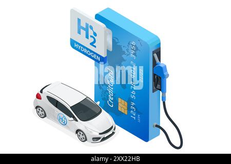Isometric Hydrogen fuel car charging station with two dispensers for H2 vehicles. Hydrogen powered transportation. Green energy Stock Vector