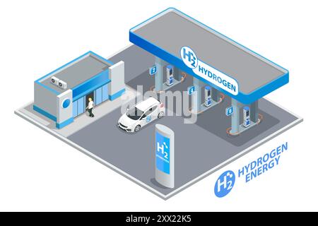 Isometric Hydrogen fuel car charging station with two dispensers for H2 vehicles. Hydrogen powered transportation. Green energy Stock Vector