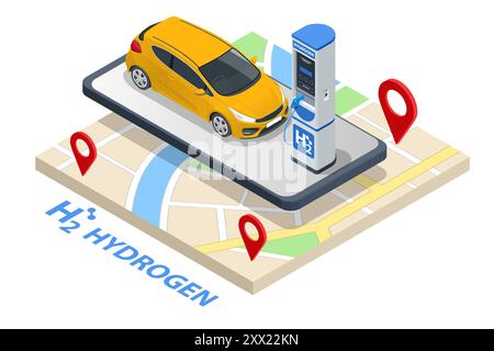 Isometric Hydrogen fuel car charging station with two dispensers for H2 vehicles. Hydrogen powered transportation. Green energy Stock Vector