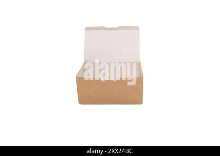 Cardboard food box, used to sell fast food, ready-made food, portion in retail. Empty Box Isolated, Open, brown Stock Photo
