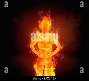 Conceptual woman on fire with her hands on her stomach Stock Photo