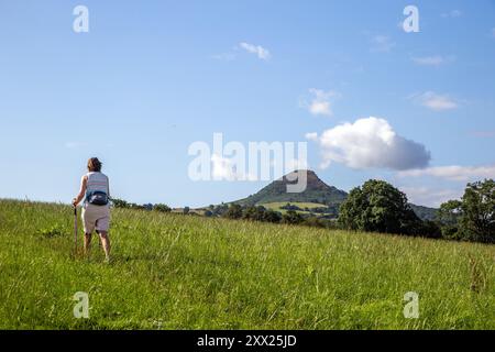 Woman walking the Offa's Dyke long distance footpath in the Welsh Monmouthshire countryside Wales Stock Photo