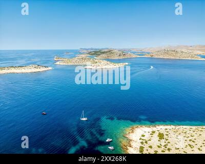 Kornati Islands, Croatia - August 2, 2024: Aerial view of famous Adriatic sea sailing destination, Kornati archipelago national park. Dalmatia region Stock Photo