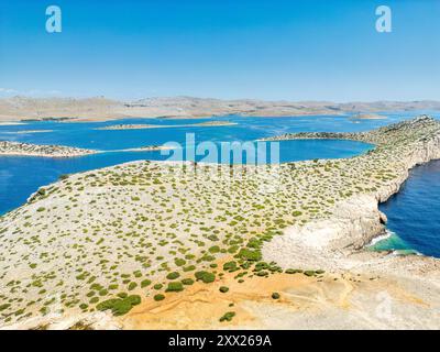 Kornati Islands, Croatia - August 2, 2024: Aerial view of famous Adriatic sea sailing destination, Kornati archipelago national park. Dalmatia region Stock Photo