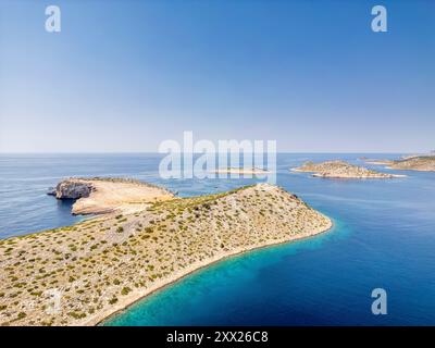 Kornati Islands, Croatia - August 2, 2024: Aerial view of famous Adriatic sea sailing destination, Kornati archipelago national park. Dalmatia region Stock Photo