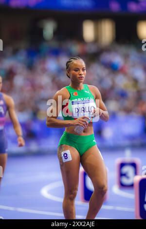 Fatoumata Binta Diallo participating in the 400 meters hurdles at the Paris 2024 Olympic Games. Stock Photo