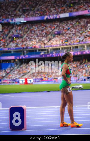 Fatoumata Binta Diallo participating in the 400 meters hurdles at the Paris 2024 Olympic Games. Stock Photo