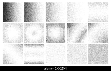 Grain gradient backgrounds with grunge dust in halftone pattern, vector textures. Abstract noise grain dots backgrounds with circular gradient or halftone fade effect of black grainy sand particles Stock Vector
