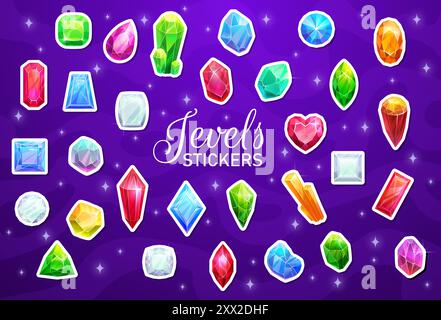 Gem and jewelry stickers vector set. Colorful cartoon jewels, magic crystal patches in heart, round, oval, square, rectangular, teardrop, hexagonal and star shapes. Vibrant, shiny gemst decorations Stock Vector