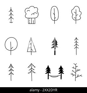 Simple silhouette tree icons collection. Line art trees. Stock linear ...