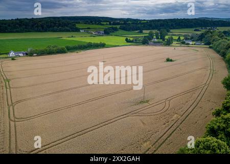 Aerial view of agricultural farmland in rural Wales on a stormy summer day Stock Photo