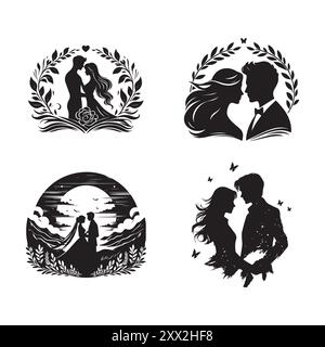 Romantic couple silhouette vector on white background, dating couple vector Stock Vector
