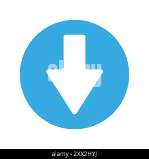 Downward arrow icon. Blue circular background. Simple clean vector. Download symbol. Stock Vector