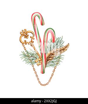 Lollipop cane decorated with fir branches, feather, key and chain watercolor illustration.  Decor for Christmas and New Year. Holiday sweet isolated f Stock Photo