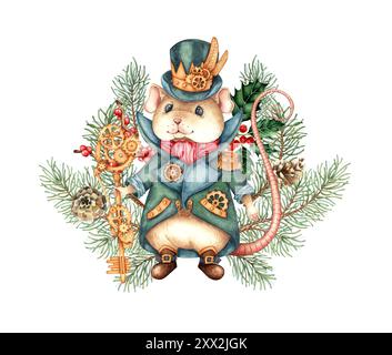 Mouse king in steampunk fairy tale Nutcracker in fir branches watercolor illustration. A rat with brown fur, wearing a blue-green cloak, hat, crown an Stock Photo