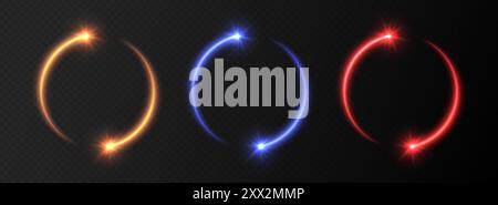 Glowing shooting star circles with sparkles, light frames, stars in circular motion Stock Vector