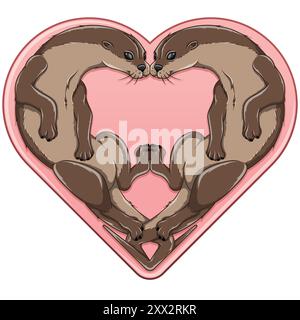 Vector design of Couple of otters in the shape of a heart, symbol of Valentine's Day with animals, love of nature with marine mammal Stock Vector