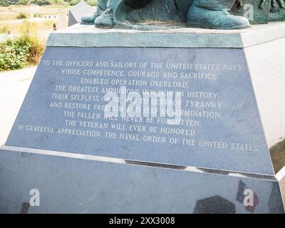 Utah beach, France: August 19th 2024: Inscription on statue dedicated to US soldiers in the invasion of Normandy during World War II, Utah beach, Fran Stock Photo