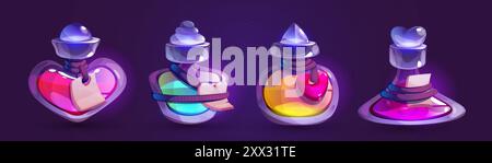 Magic potion bottles set isolated on background. Vector cartoon illustration of glass vials with pink, green, yellow, purple liquid substance, love spell liquid, antidote for poison, witchcraft props Stock Vector