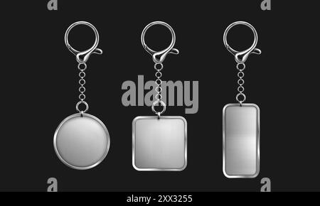 Silver keychain with ring mockup for branding. Realistic vector illustration set of blank grey metal key holder template. Chrome trinket souvenir badge of round rectangle and square shape. Stock Vector