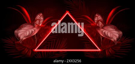 Neon triangle and red tropical plants on black background. Vector realistic illustration of summer nightclub or hawaiian beach party banner template, poster with exotic leaves and triangular frame Stock Vector
