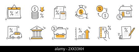 Loan interest rate doodle icon set. Hand drawn sketch doodle line style bank money loan interest rate icon for house, car discount percentage concept. Trendy cute element. Vector illustration Stock Vector