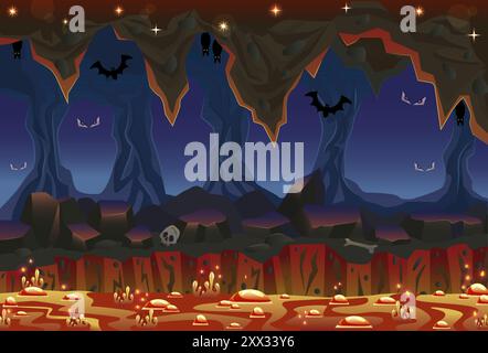 Magic cave or cavern landscape with bats, lava and rocks in mountain, fantasy game background, adventure and Halloeeb concept, cartoon vector illustra Stock Vector