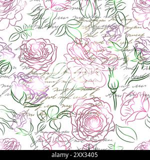 Seamless pattern with line art illustrations of styled roses isolated on white. Summer seasonal concept with flowers for decorations, invitations, gre Stock Vector