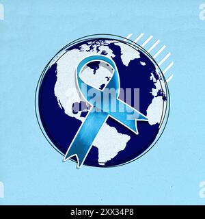 A blue ribbon is wrapped around a globe, symbolizing the importance of awareness and support for a cause. World Diabetes Day Stock Photo