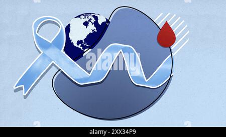 A blue ribbon is wrapped around a globe, symbolizing the importance of awareness and support for a cause. World Diabetes Day Stock Photo