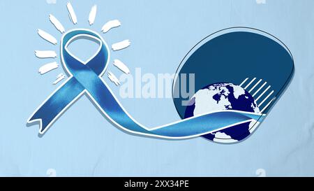 A blue ribbon is wrapped around a globe, symbolizing the importance of awareness and support for a cause. World Diabetes Day Stock Photo