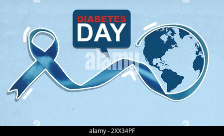 A blue ribbon is wrapped around a globe, symbolizing the importance of awareness and support for a cause. World Diabetes Day Stock Photo