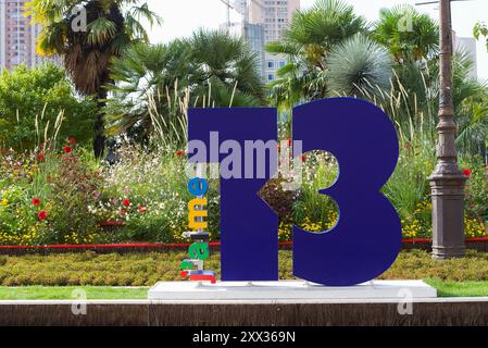 Paris, France,08.20.24 J'aime 13. I love the 13th arrondissement of Paris. Big blue 13 number and the word J'aime surrounded by beautiful wild flowers Stock Photo