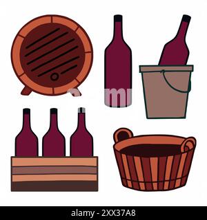 A rustic wine set with bottles, barrel, and containers in a vineyard setting during the harvest season Stock Vector