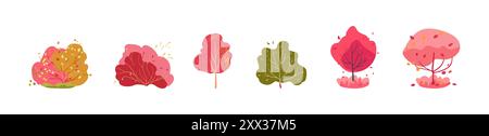 Autumn set of decorative pink and red trees with leaves. Multi-colored bright botany. Bushes with branches. Stock Vector