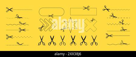 Set of scissors icons with dotted lines and geometric shapes isolated on yellow background. Cut here symbol Stock Vector