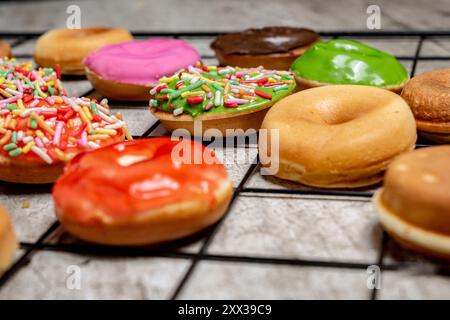 A tray of assorted mini donuts with sprinkles and frosting. The mini donuts are of different colors and flavors, and they are arranged in a grid patte Stock Photo