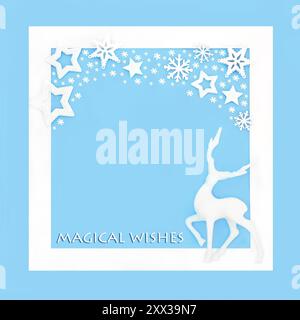 Magical wishes Christmas Eve reindeer background border on blue with stars, snowflakes, white frame. Fantasy festive design for the holiday season. Stock Photo