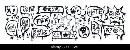 Graffiti spray paint speech bubbles or dialogue boxes with swear words, insults, skull, bomb icon, censored with symbols. Hand drawn inky swearwords with splatters. Negative emotions, anger, bad mood. Stock Vector