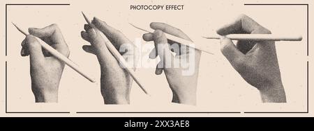 Vector collage set of photocopy hands holding pencil. Retro dots stipple effect Stock Vector