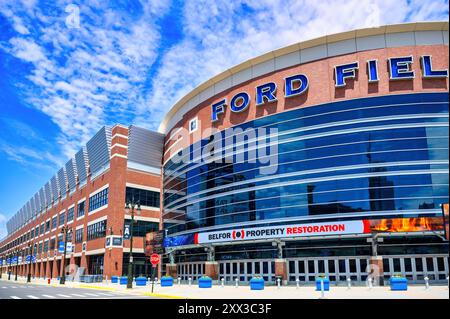 Detroit, USA - August 12, 2024: Exterior architecture of the Ford Field - a sports venue in the downtown district Stock Photo