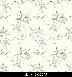 Pattern olives branches on light green background. Design natural organic cosmetics, wrapping paper, olive oil. Vector illustration Stock Vector